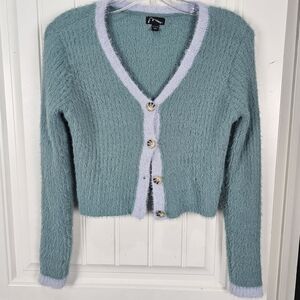 Art Class Girls Cropped Wool Like Teal And Blue Cardigan Size XL 14-16